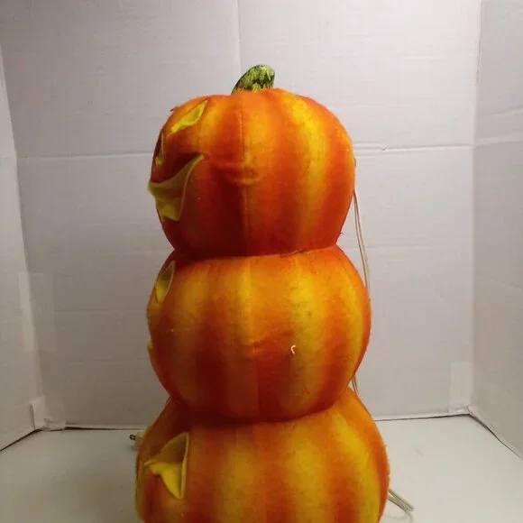 Vintage 3 Tier Jack O Lantern Pumpkin Felt Covered Blow Mold Halloween 18" Works - Picture 7 of 13